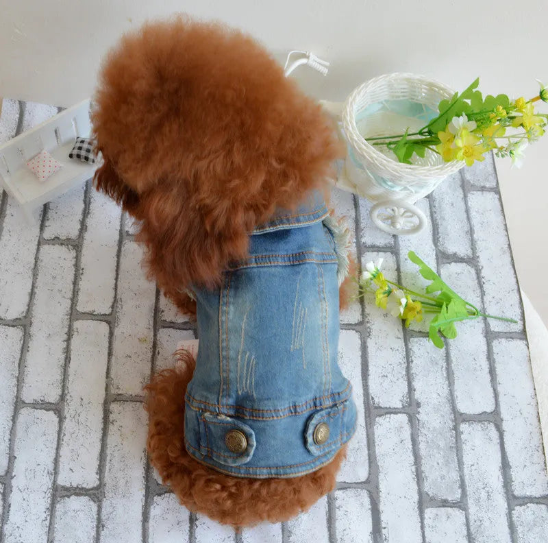 Retro scratch pattern denim vest for a dog on a mannequin, shown in dark wash and light wash colour options.