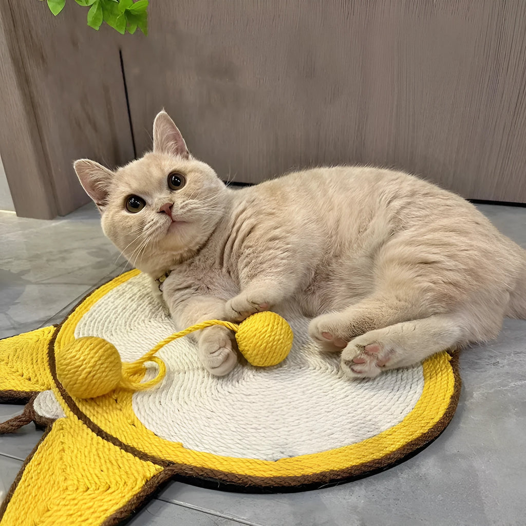 Yellow cat scratching board with Corgi designs measuring 37x40cm with sisal surface