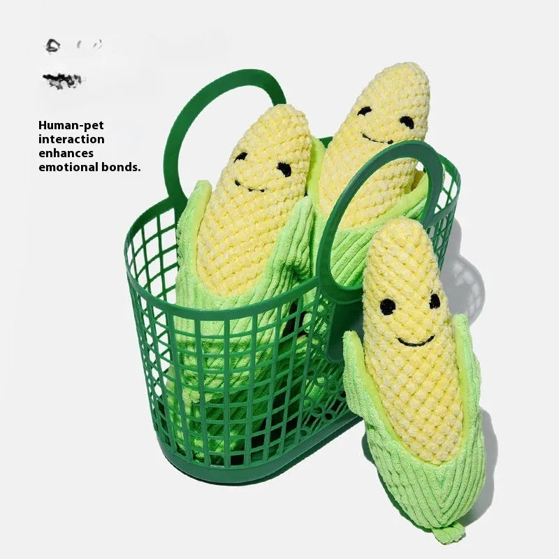 Broccoli-shaped plush dog toy with squeaker for molar teeth cleaning, soft plastic and fabric construction