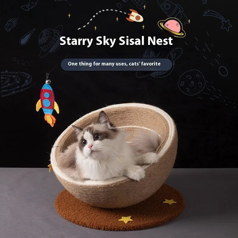 Large cat scratching post integrated with flannel cushion nest in starlight pattern