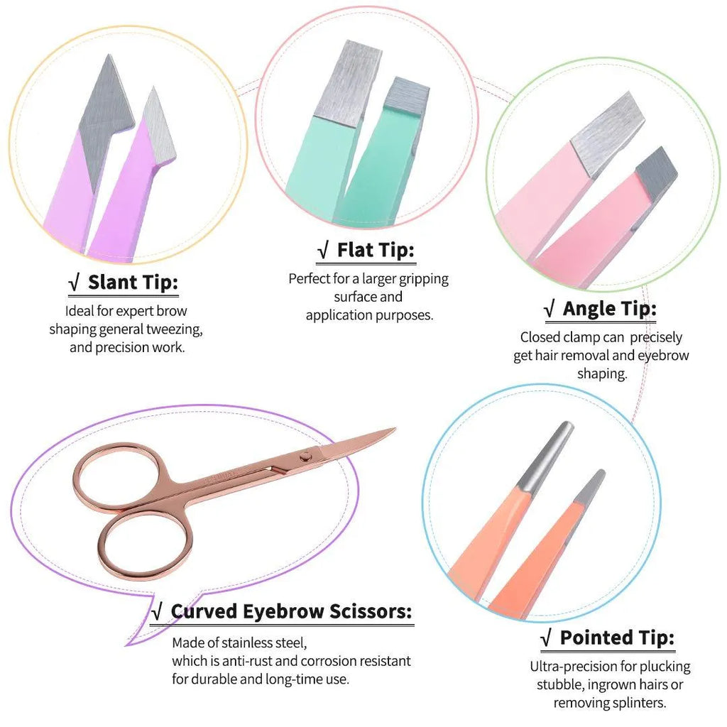 Professional stainless steel eyebrow tweezer set with curved scissors in a leather case