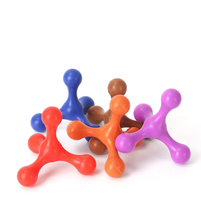 Blue silicone chew toy for dogs with three legs, shown next to a measuring tape displaying 9.5cm length.