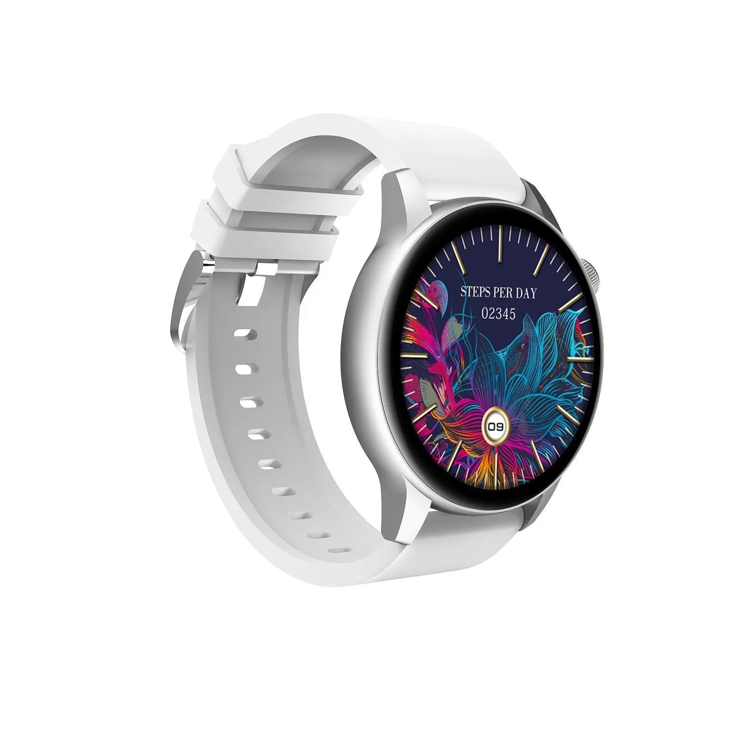 Stainless steel smart watch with 1.30-inch HD colour screen on wrist.