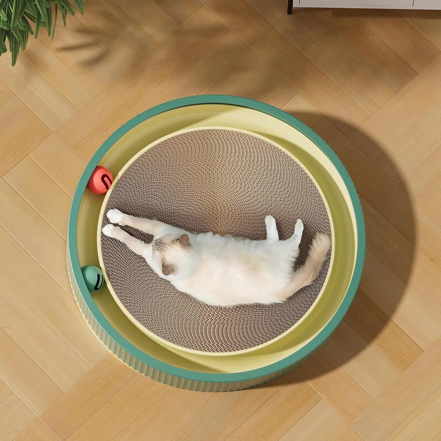 Large green cat scratching board with replaceable core, bell balls, and spring plush toy for indoor cats