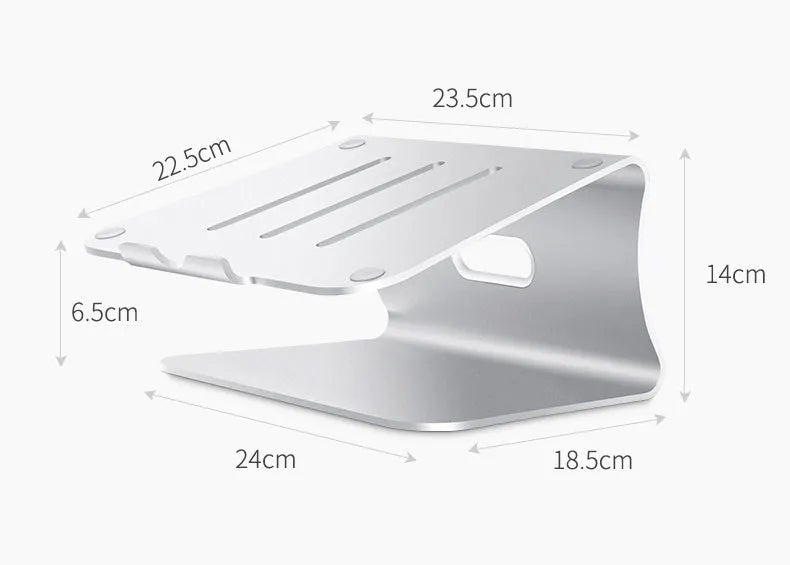 Aluminium alloy rotary laptop cooling bracket in grey and silver, showing adjustable angle and open-frame design.