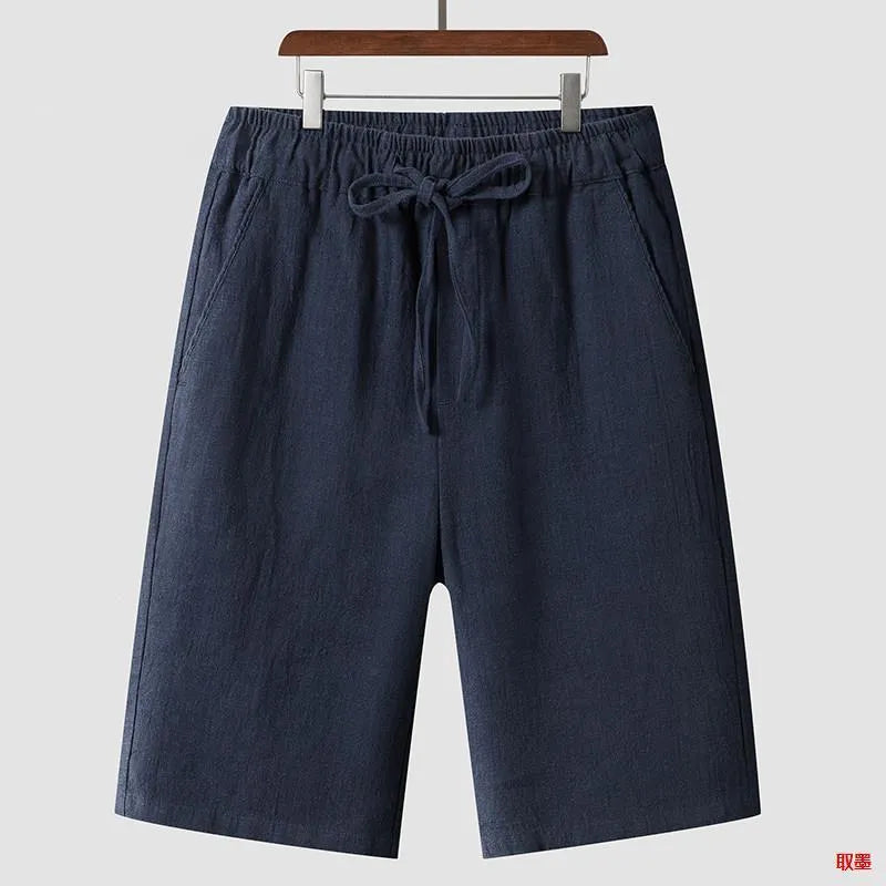 Men's linen shorts loose cropped pants mid waist summer lightweight breathable fabric