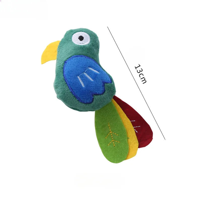Plush cat toy shaped like a cow, crocodile, or parrot with catnip filling for interactive feline play