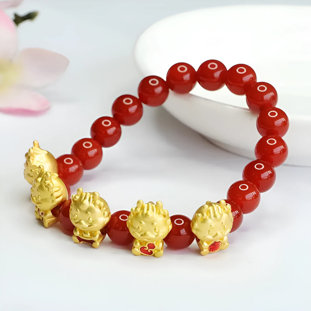 Natural red agate bracelet with Five Blessing Dragon design Chinese style jewellery 8mm diameter