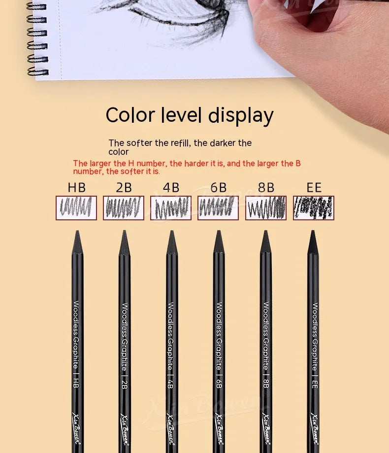 Wood-free graphite sketching pencil set showing six different grade pencils for art drawing