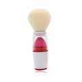 Portable blush brush with synthetic hair head and plastic handle in pink colour