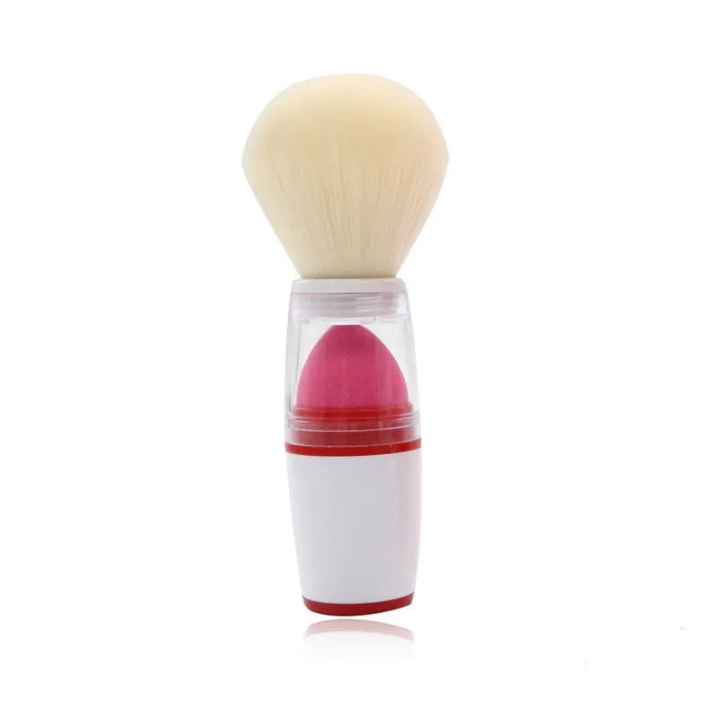 Portable blush brush with synthetic hair head and plastic handle in pink colour