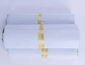 A pack of 100 clear PE courier bags for clothing with adhesive seals, shown in different sizes and colours.