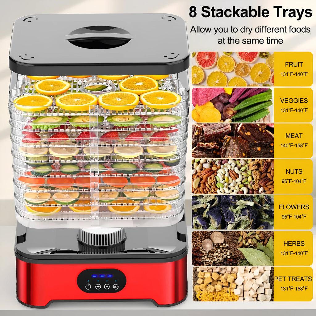 Silver 8-layer household food dehydrator with UK plug on a kitchen counter.