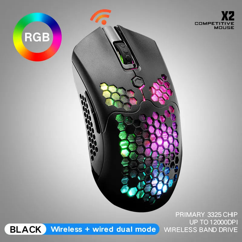Free Wolf X2 wireless RGB gaming mouse with honeycomb shell in multiple colours on a desk.
