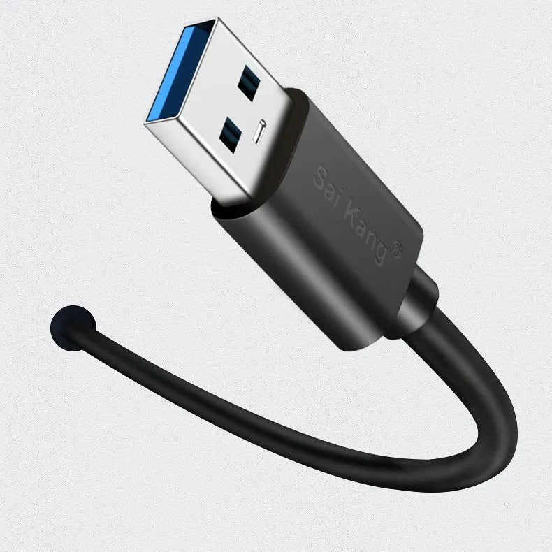 Black USB male to female extension cable showing connectors, available in multiple lengths from 1 to 5 metres.