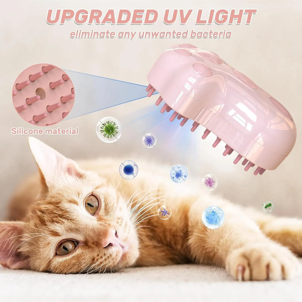 Self-cleaning cat steam brush with blue silicone bristles and release button for pet grooming