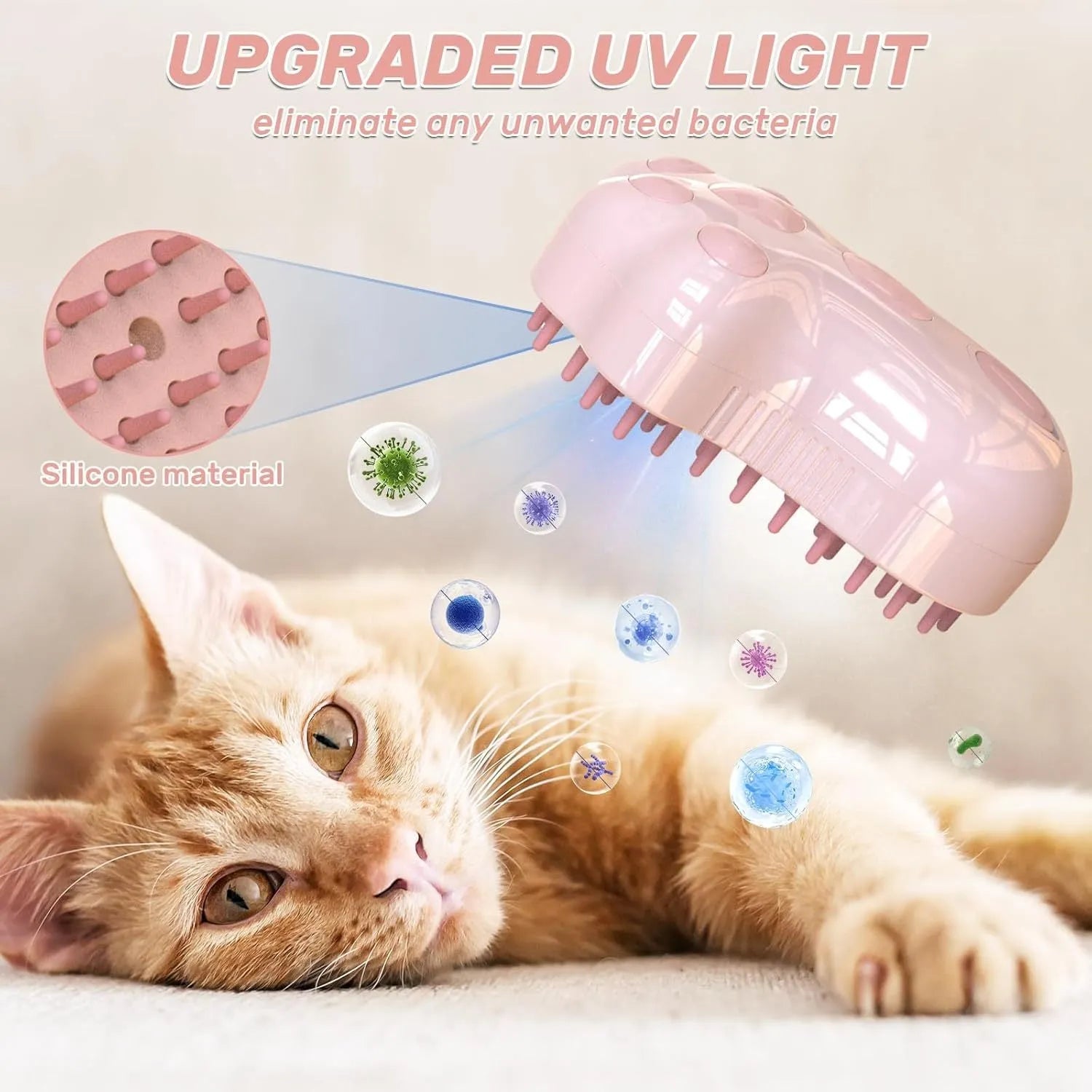 Self-cleaning cat steam brush with blue silicone bristles and release button for pet grooming