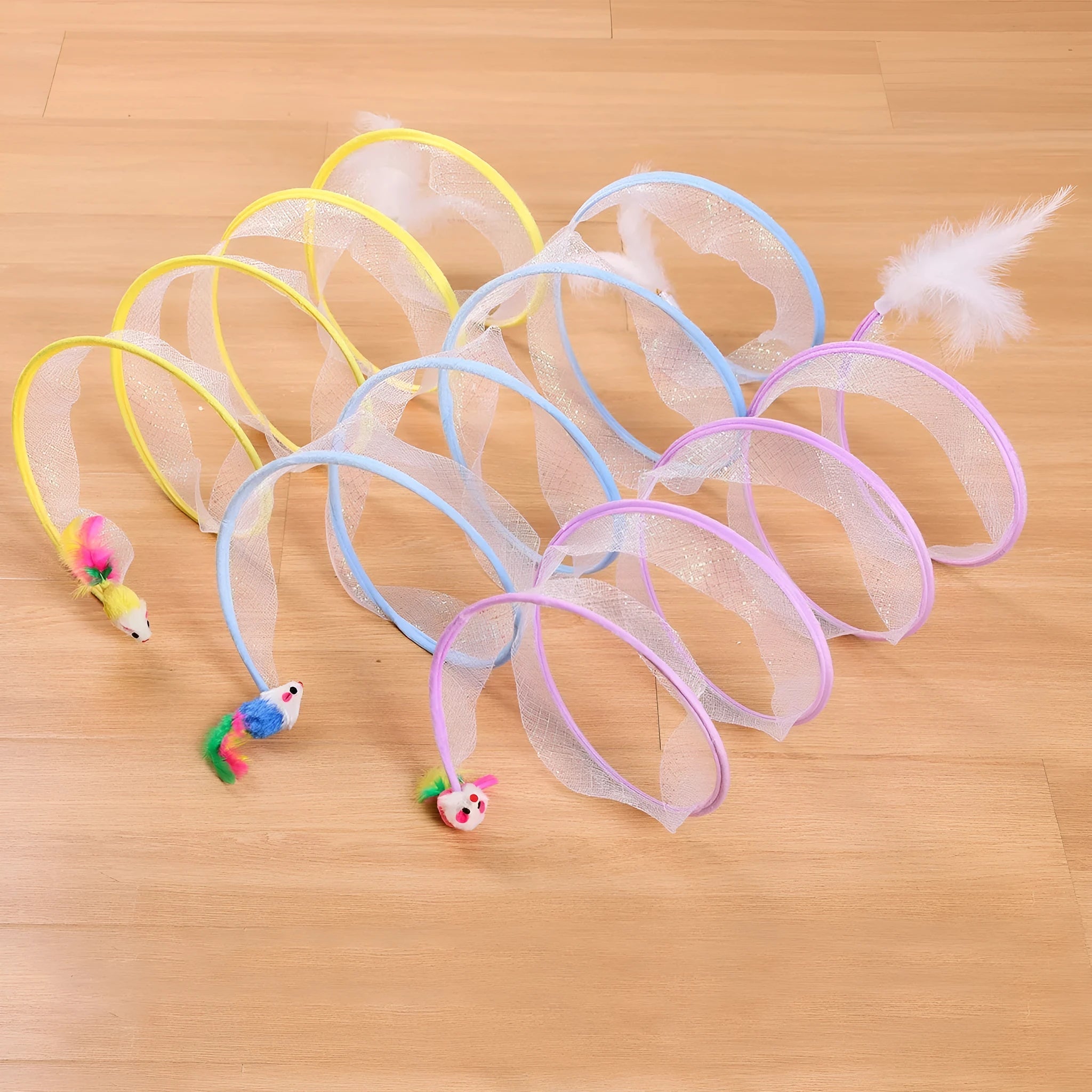 Cat tunnel toy with steel frame and elastic netting featuring feather teaser attachments