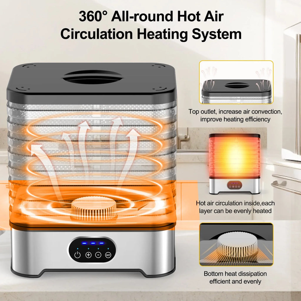 Silver 8-layer household food dehydrator with UK plug on a kitchen counter.