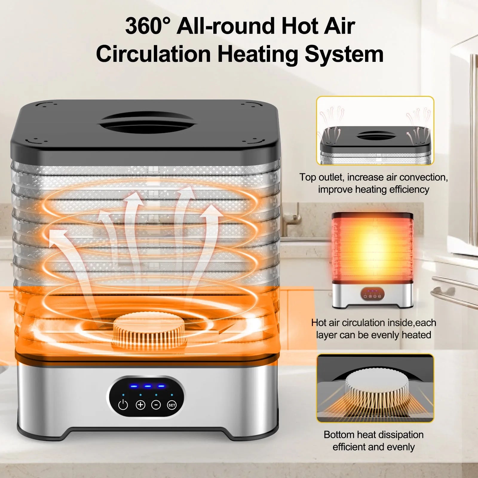 Silver 8-layer household food dehydrator with UK plug on a kitchen counter.