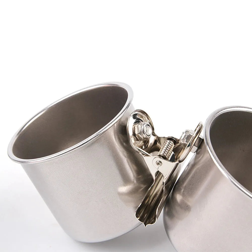 Stainless steel bird feeder outdoor food container in natural metallic colour.