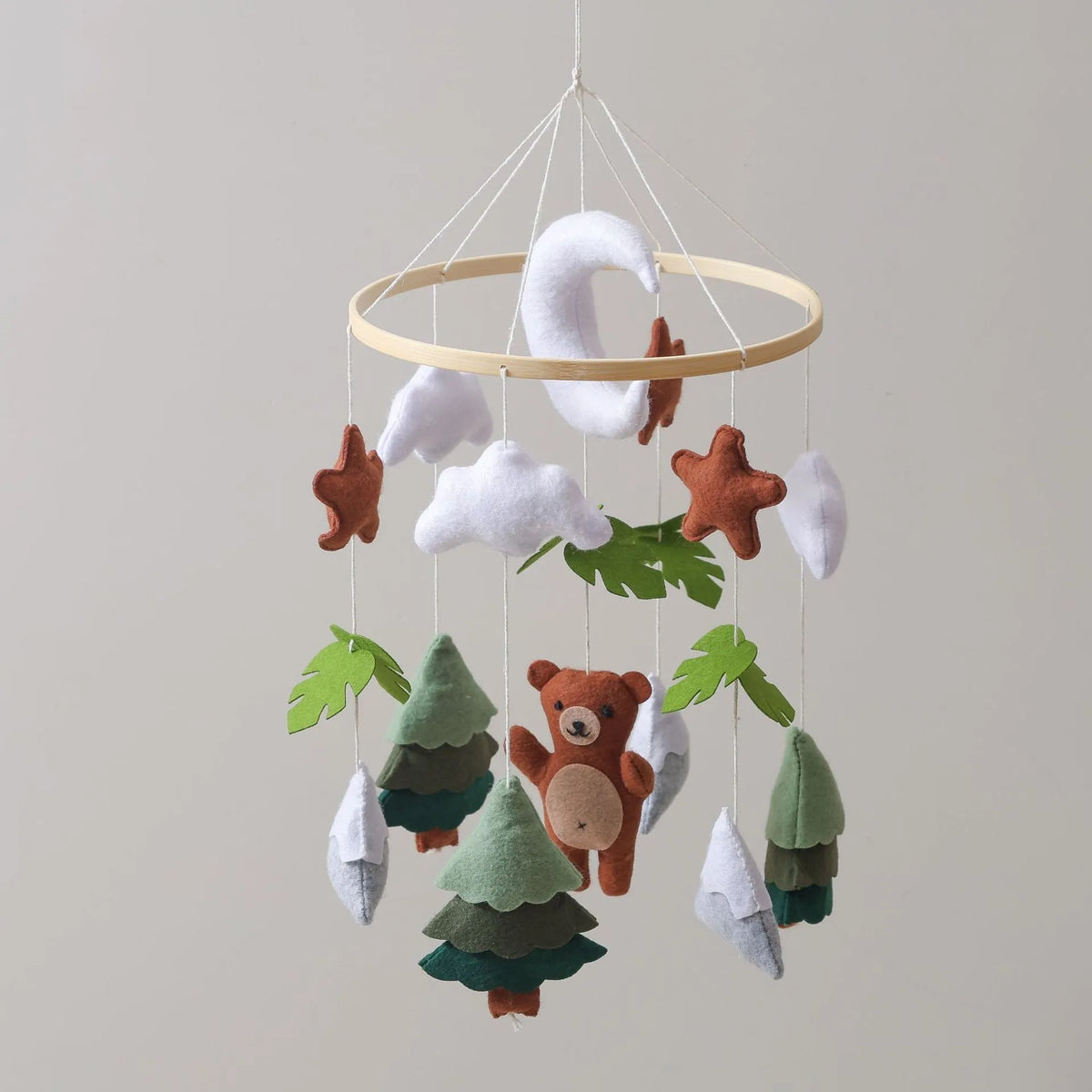 Handmade felt teddy bear bed bell for children, white colour, wood and felt construction, hanging with string