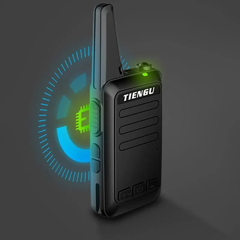 TIENGU black wireless handheld radio with LED flashlight, USB port, and back clip on a white background