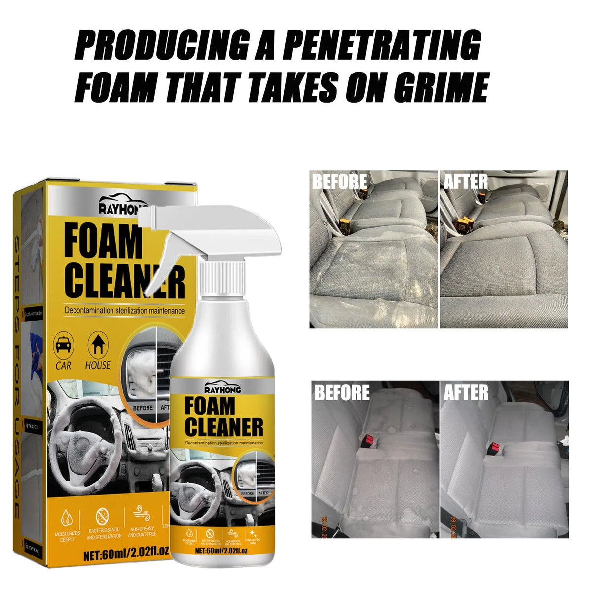 Car interior wash-free decontamination foamed cleaner 60ml in box with sponge