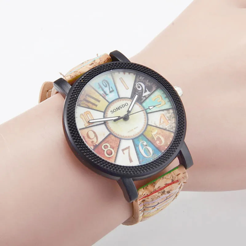 Women's vintage leather quartz watch with round 37mm dial and stainless steel buckle