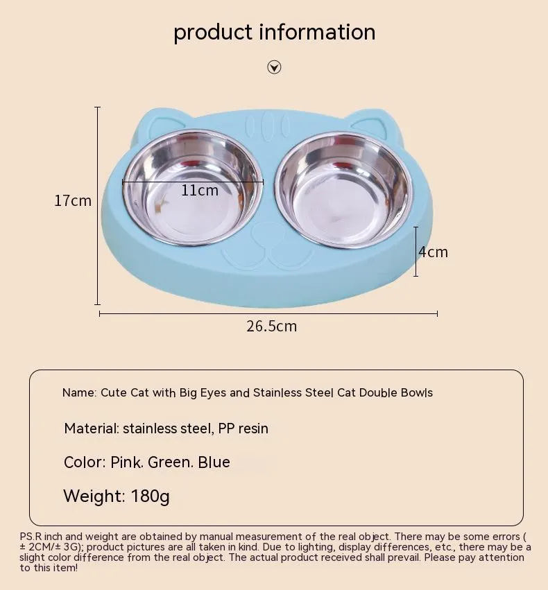 Blue stainless steel cat face bowl for feeding and watering cats, 13 cm diameter