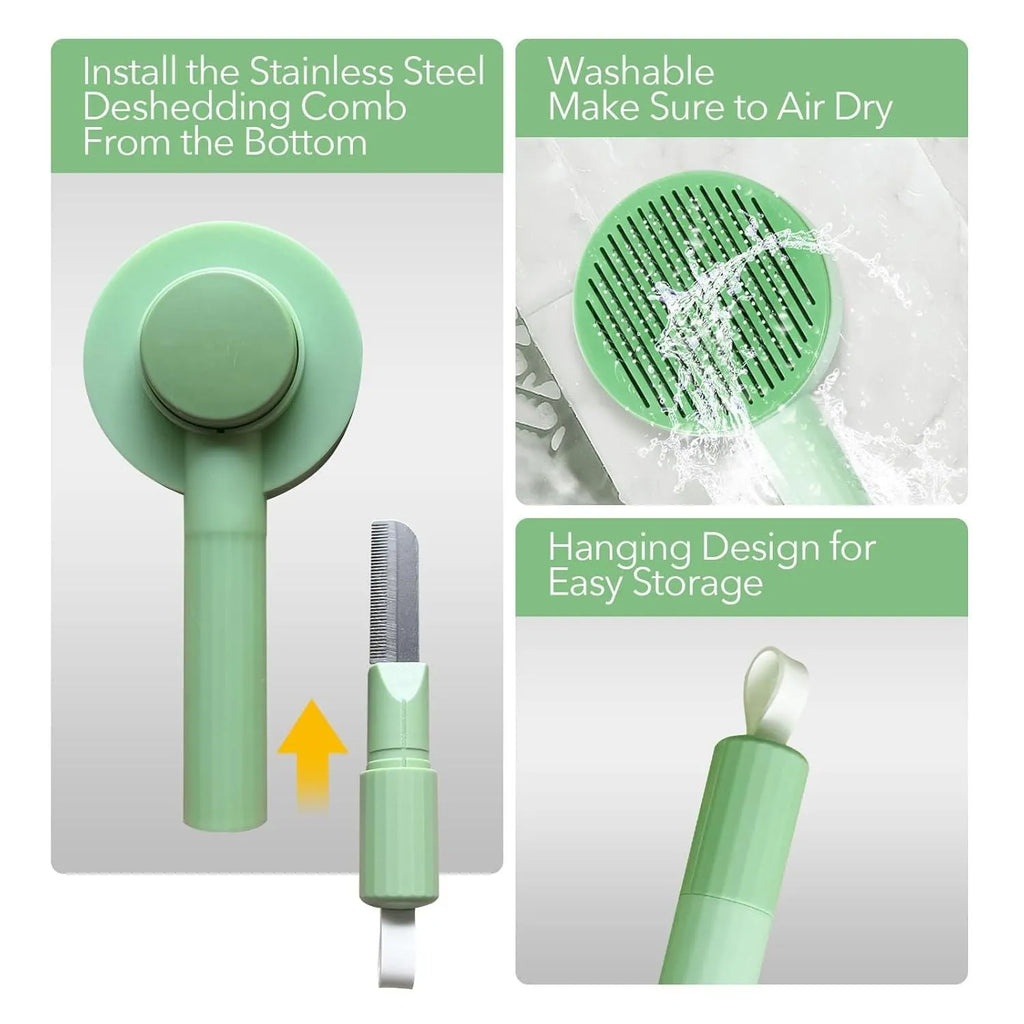 Green pet grooming brush with stainless steel bristles and hanging loop