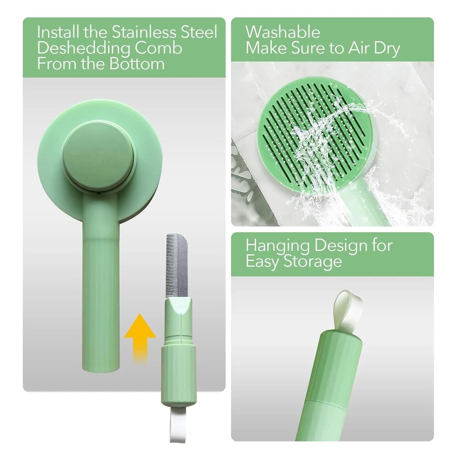Green pet grooming brush with stainless steel bristles and hanging loop