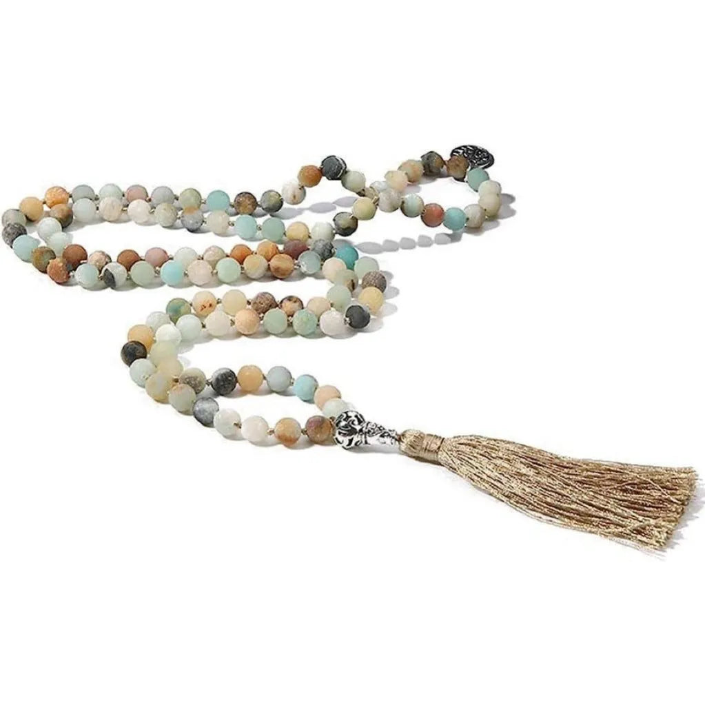 Handmade knotted necklace with 108 natural stone beads and pendant on 81cm chain