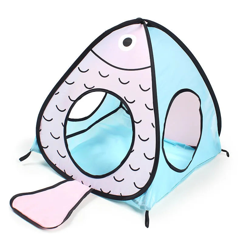 Foldable pet tent and tunnel set for cats in a cat and fish print design.