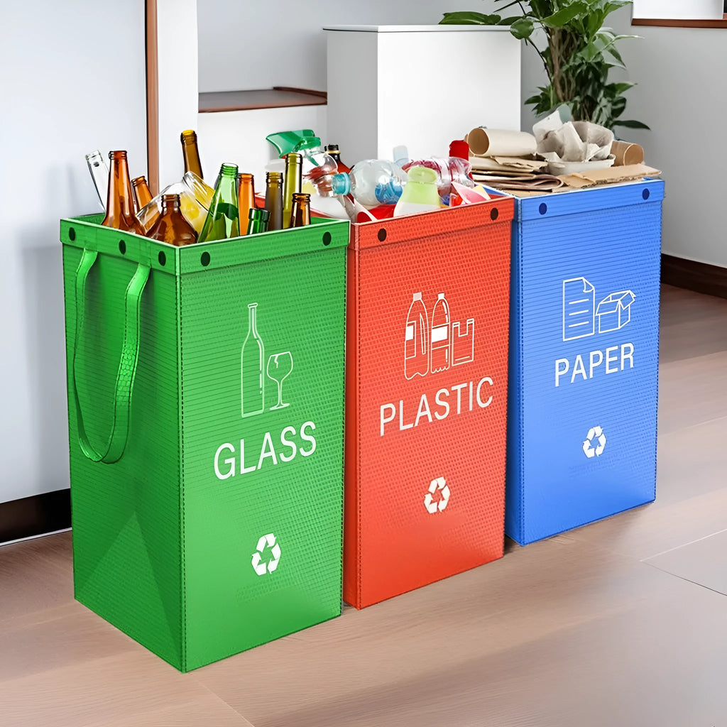Blue 40-litre plastic handbag-style garbage bin with dimensions 30cm by 50cm by 30cm.
