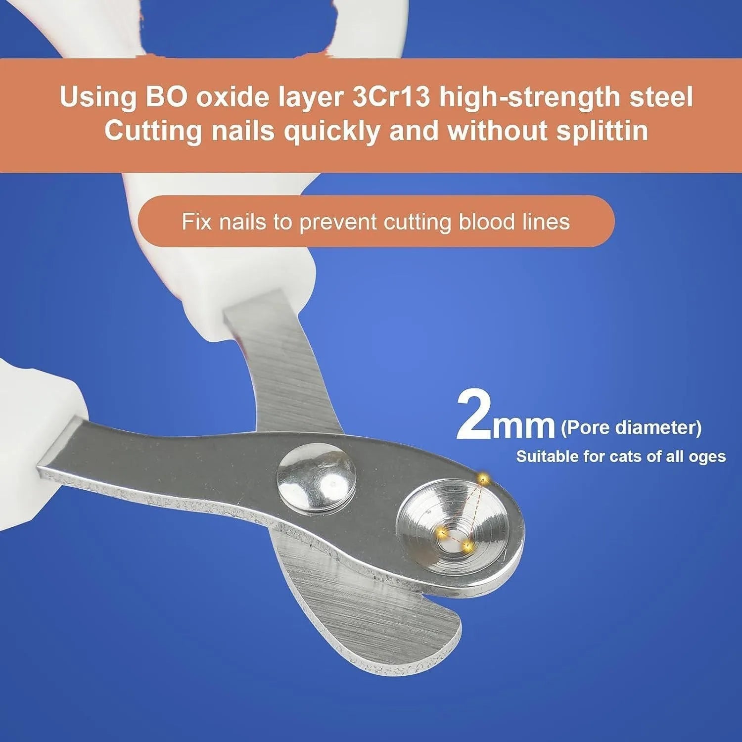 Blue pet nail clippers with a circular cutting hole and cushioned non-slip handle.