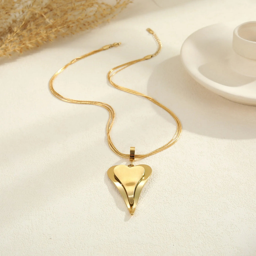 Double heart geometric pendant with snake bones chain stainless steel necklace in gold or steel finish
