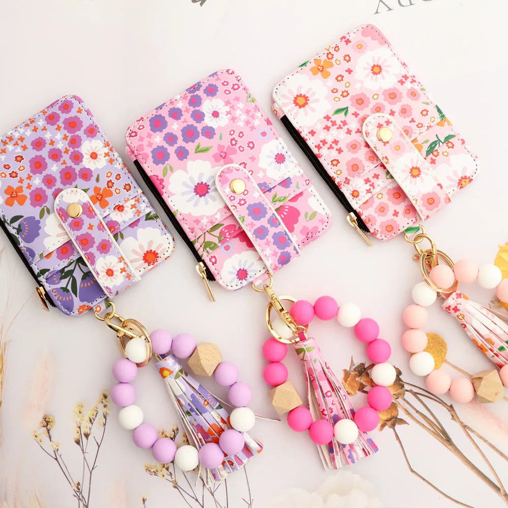 Women's floral print leather card bag in light pink, compact size 10cm x 7cm, nine colours available
