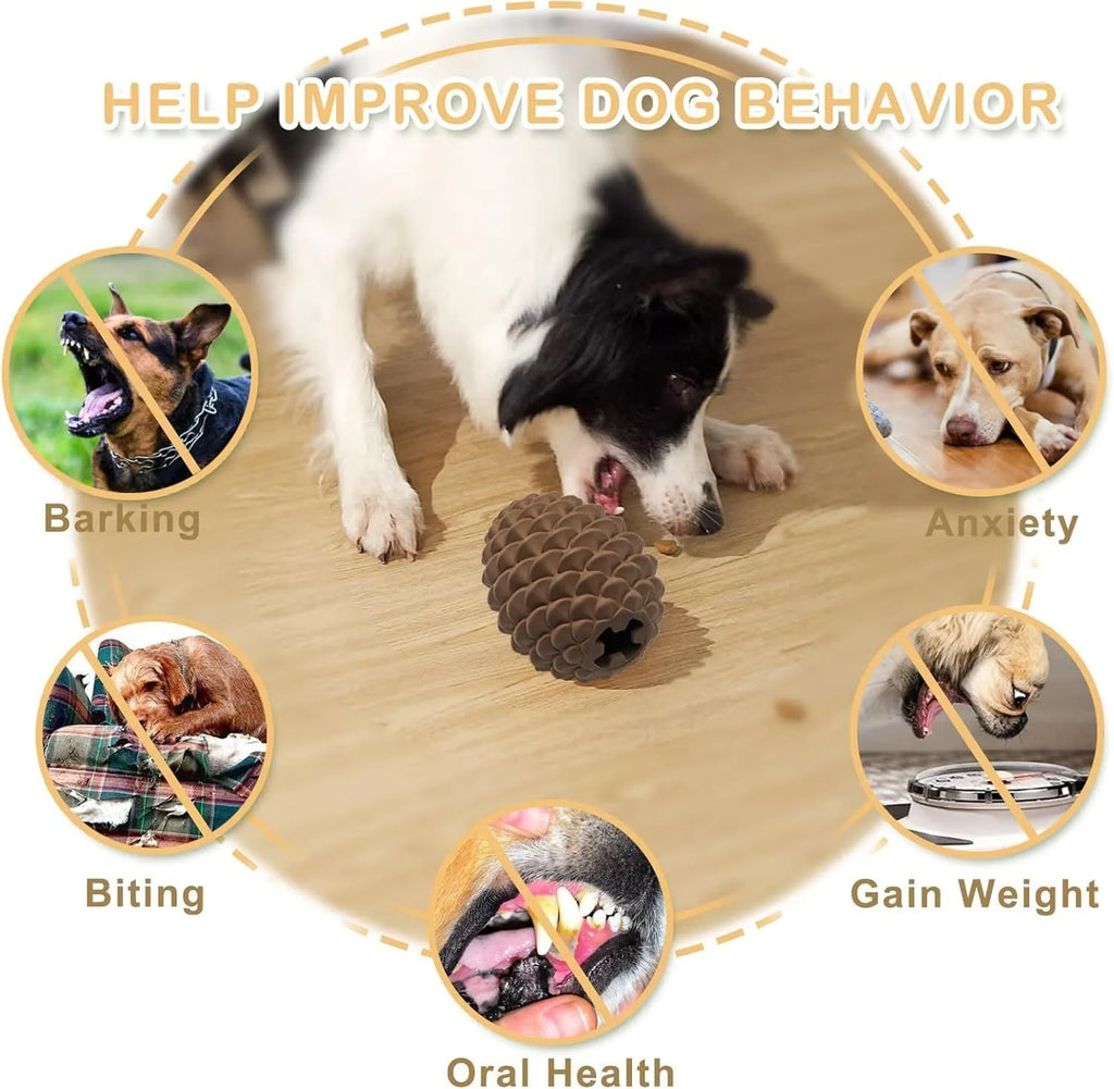 Yellow pine cone shaped dog chew toy with natural rubber construction and treat dispensing feature