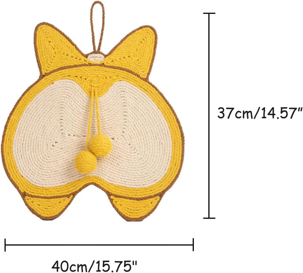 Yellow cat scratching board with Corgi designs measuring 37x40cm with sisal surface