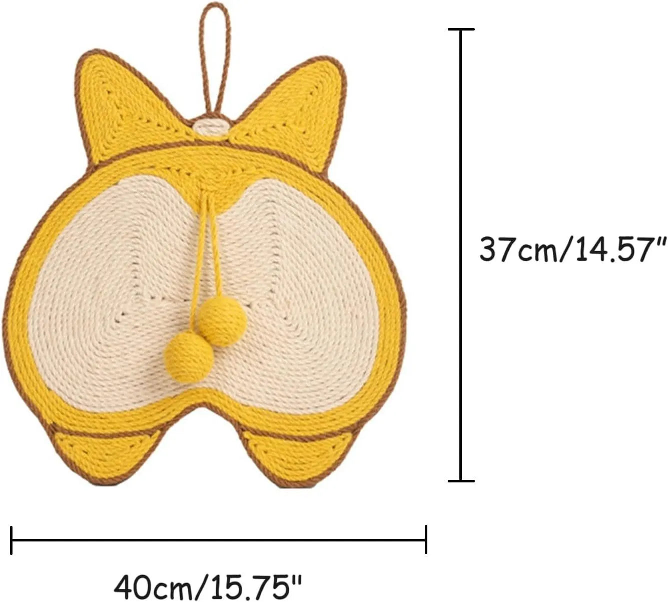 Yellow cat scratching board with Corgi designs measuring 37x40cm with sisal surface