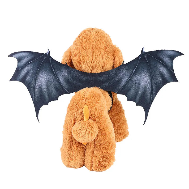 Black cloth bat wings pet costume for Halloween, showing three size options for cats and dogs