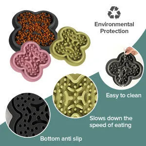 Silicone pet licking pad slow feeder mat in various colours on wooden floor