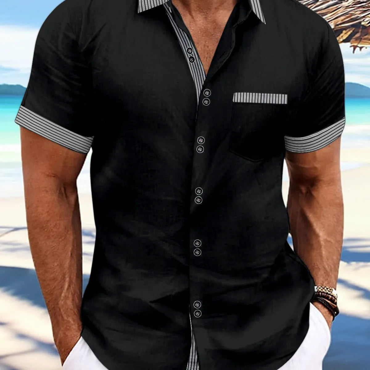 Striped pure cotton casual shirt with short sleeves and double button front in slim fit