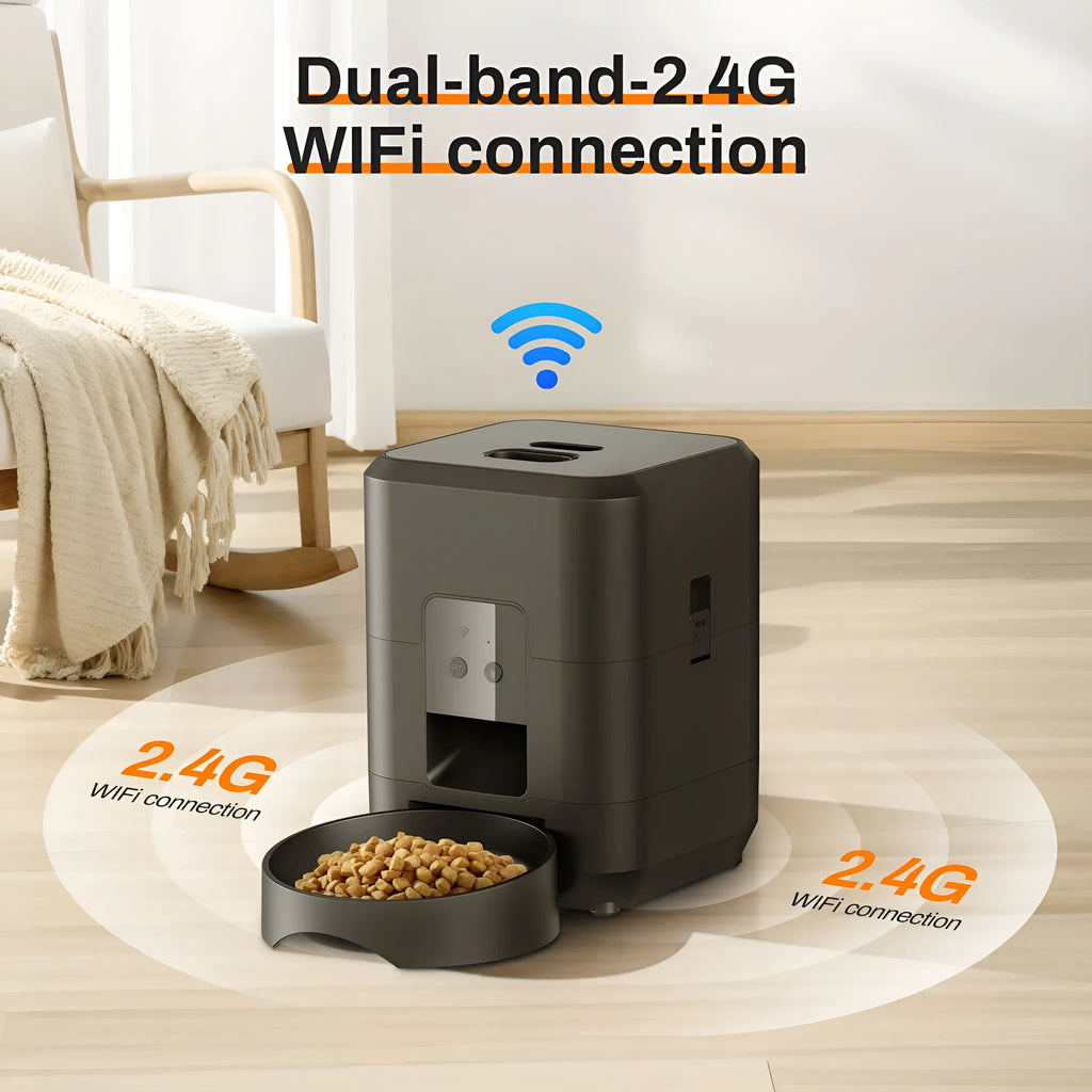 White automatic pet feeder with digital display and food container for cats