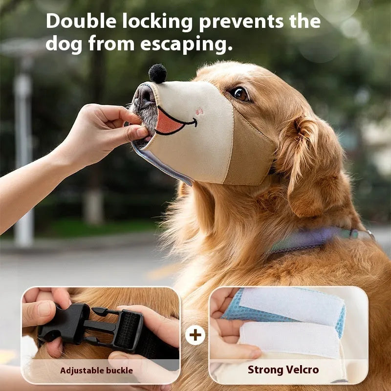 Canvas dog muzzle in Bondi Blue Shark pattern showing adjustable sizing for bite prevention
