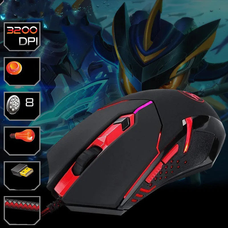 Black and red wired USB gaming mouse on a desk