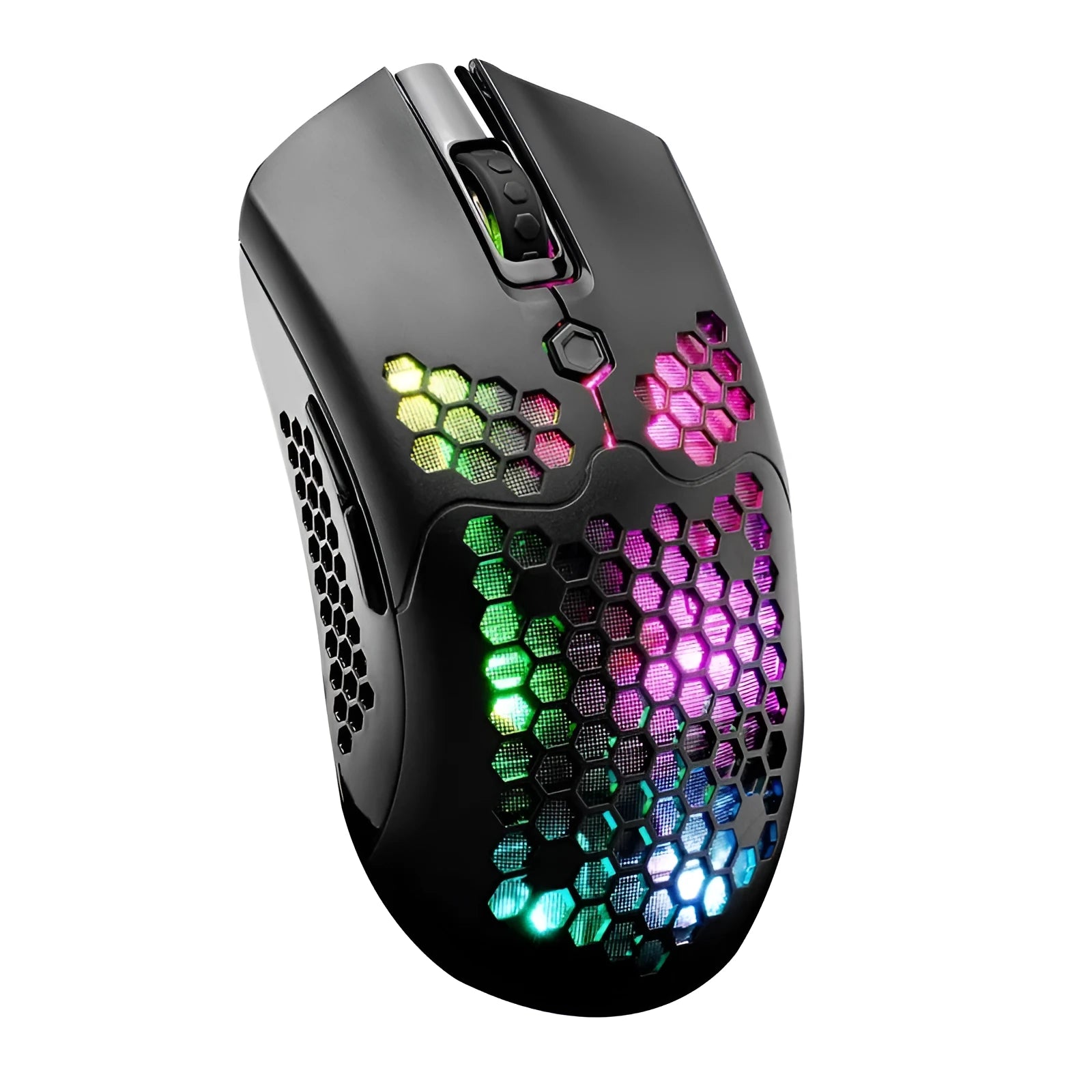 Free Wolf X2 wireless RGB gaming mouse with honeycomb shell in multiple colours on a desk.