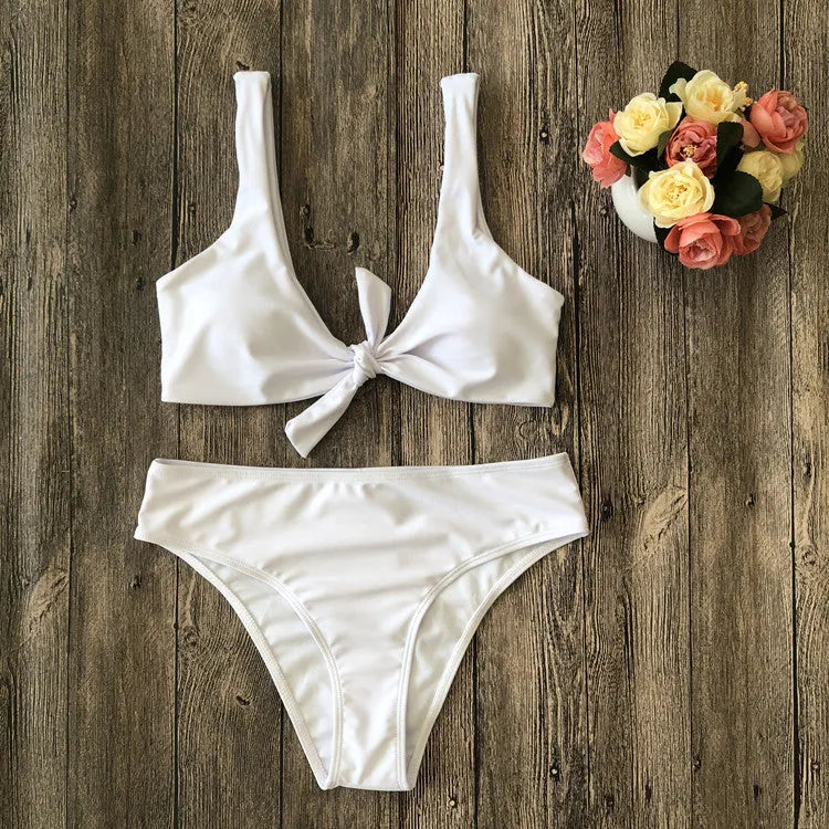 Pure colour bikini swimsuit set in black, pink, red, white, or wine red with traditional two-piece design