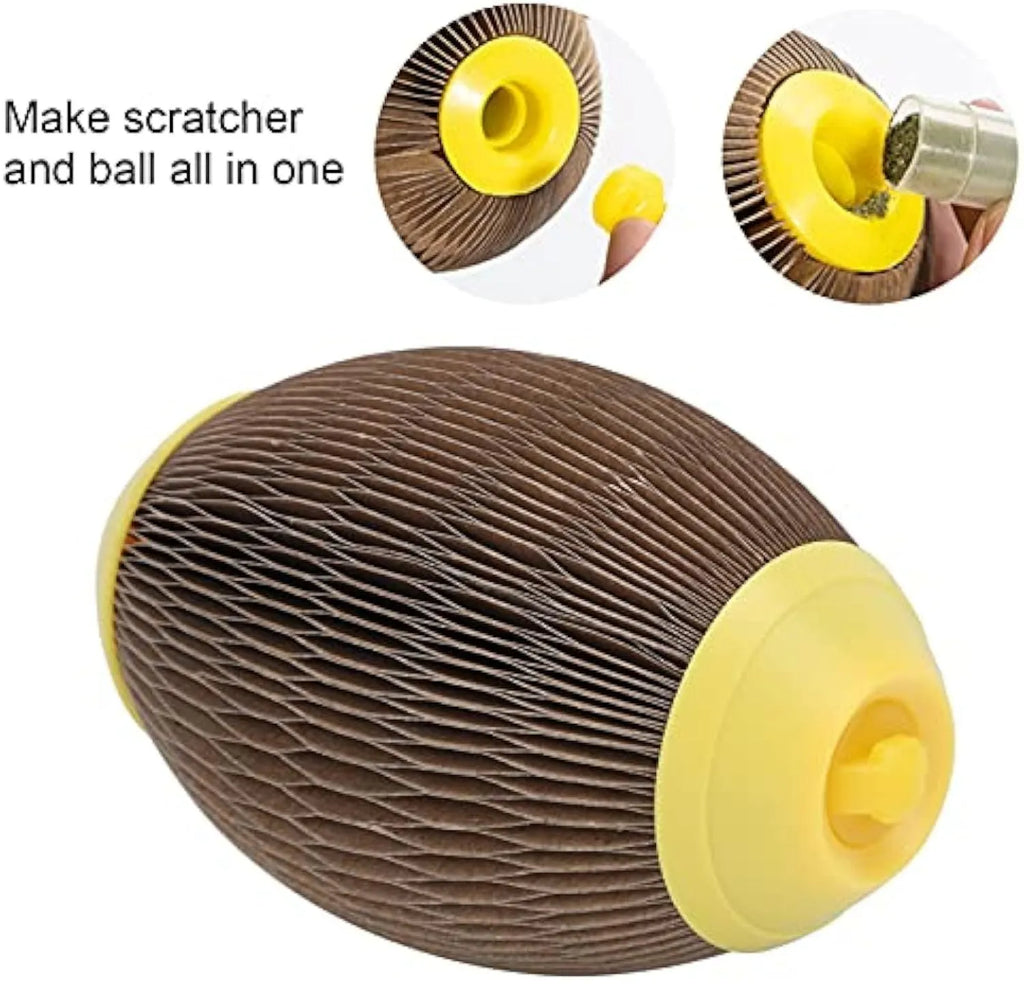 Elliptical corrugated paper catnip scratch ball toy on a plain surface.
